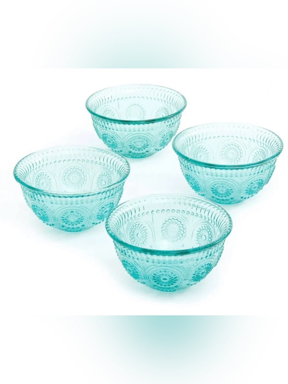 Set of 4 Pioneer Woman Embossed Aqua /Teal Glass Bowls